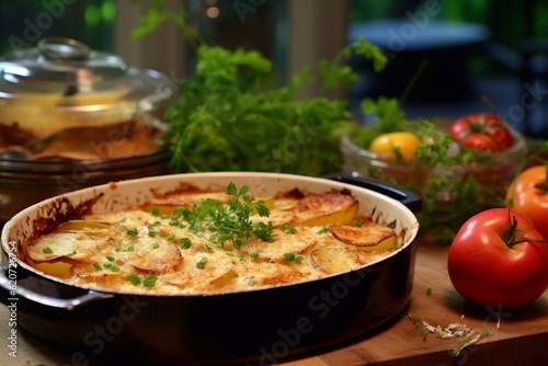 Gratin de Pommes de Terre placed on a wooden table with fresh herbs and a side salad