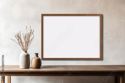 Empty wooden poster picture frame mockup vase flowers on table. Working space, home office. Art, poster display. Modern interior. Generative AI
