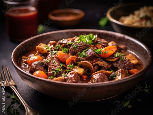 Beef Bourguignon with carrots, onions, and mushrooms in a bowl
