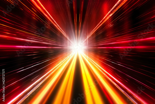 Abstract futuristic background high speed straight yellow red lines to the center and bokeh glowing neon moving. High speed futuristic travel concept. Fantastic wallpaper.