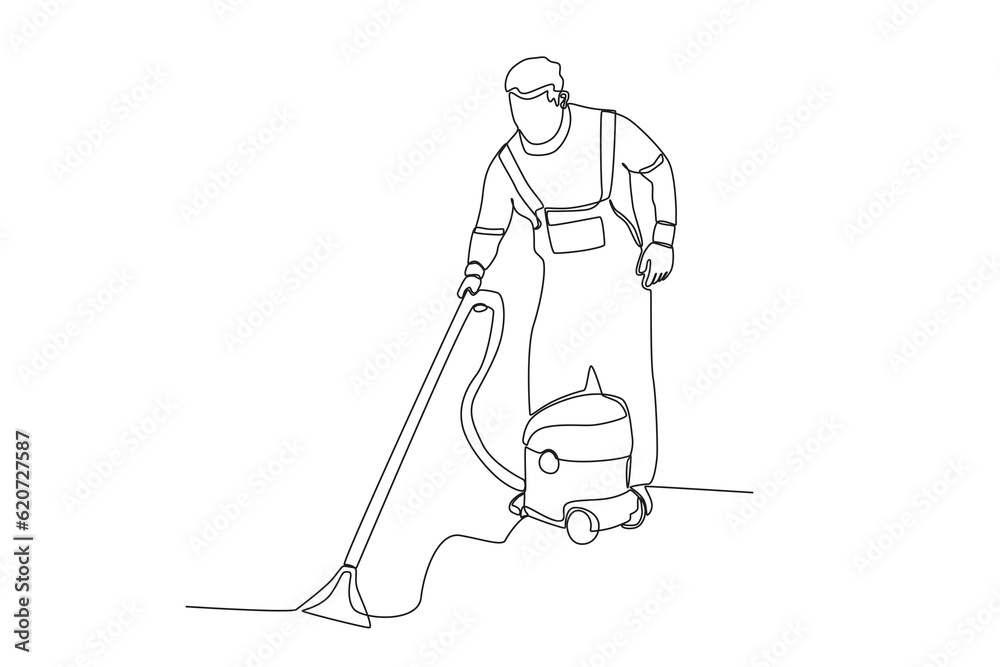 A man cleaning the floor. Cleaning service one-line drawing
