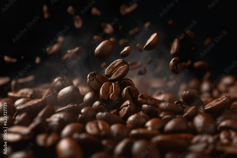 Obraz premium Falling coffee beans with steam roasted Background Generative AI