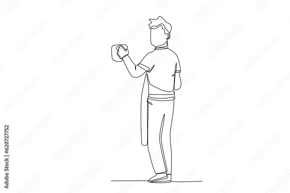 A janitor cleaning glass. Cleaning service one-line drawing