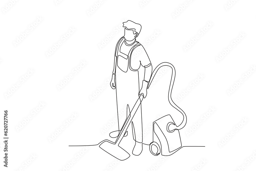 A janitor holding a dust cleaner. Cleaning service one-line drawing A janitor holding a dust cleaner. Cleaning service one-line drawing
