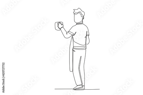 A janitor cleaning glass. Cleaning service one-line drawing