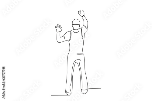 A janitor cleans the walls of the house. Cleaning service one-line drawing