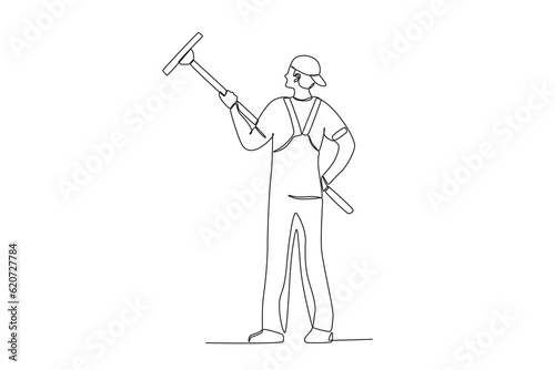 A man holding a paint tool. Cleaning service one-line drawing