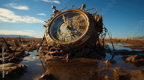 Clock melting over a barren desert landscape.Generative AI