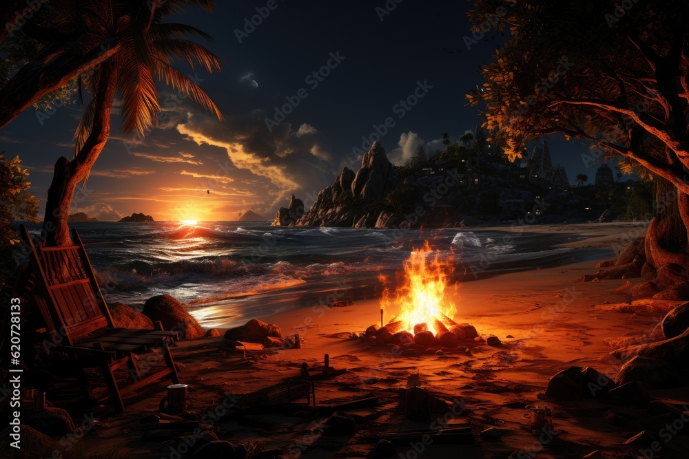 A roaring bonfire on a beach at night. Generative AI A roaring bonfire on a beach at night. Generative AI