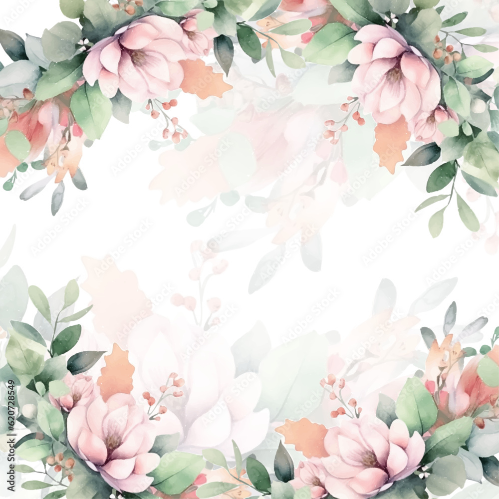 Watercolor vector wreath with green pink luxury leaves and branches.