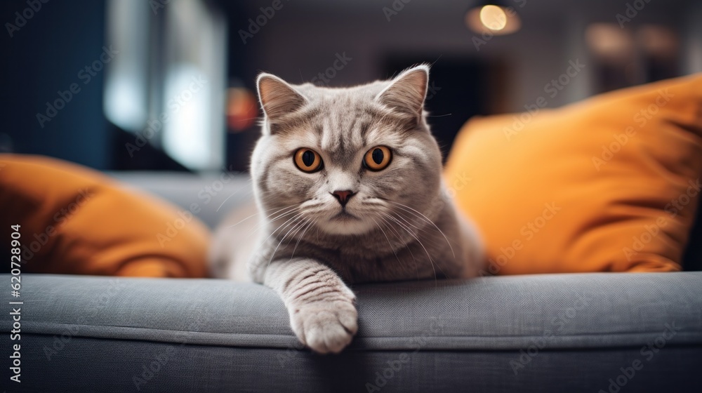 Cute gray cat lying on sofa in living room. Fluffy pet looking at camera.
