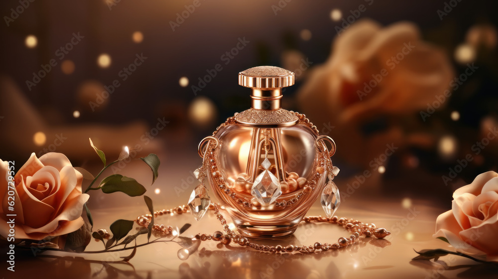 Luxury perfume ads, premium glass bottle or perfume. Banner, flyer, brochure, poster for beauty promotion of premium product for ads surrounded by roses and petals background. Generative AI Luxury perfume ads, premium glass bottle or perfume. Banner, flyer, brochure, poster for beauty promotion of premium product for ads surrounded by roses and petals background. Generative AI