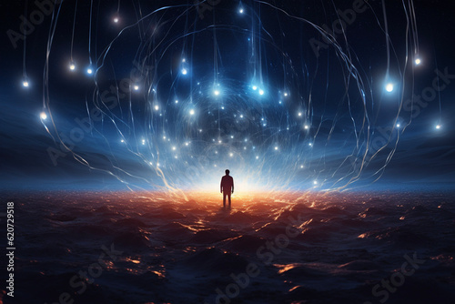 Person standing in abstract space sky landscape
