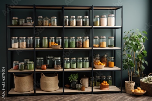 Wallpaper Mural kitchen with an organized and stylish pantry with glass jerry cans and metal containers. ai generative Torontodigital.ca