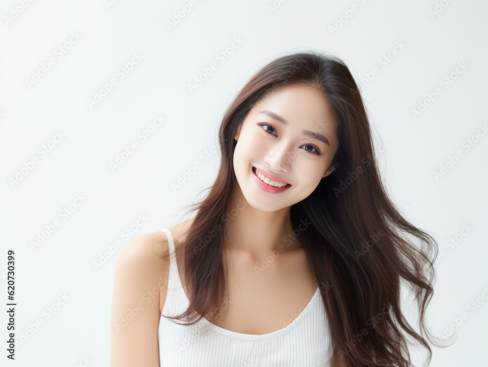 a closeup photo portrait of a beautiful young asian model woman laughing and smiling with clean teeth. used for a dental ad. isolated on white background. Generative AI a closeup photo portrait of a beautiful young asian model woman laughing and smiling with clean teeth. used for a dental ad. isolated on white background. Generative AI