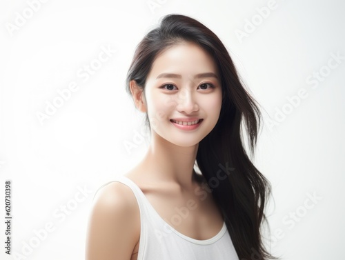 a closeup photo portrait of a beautiful young asian model woman smiling with clean teeth. used for a dental ad. isolated on white background. Generative AI