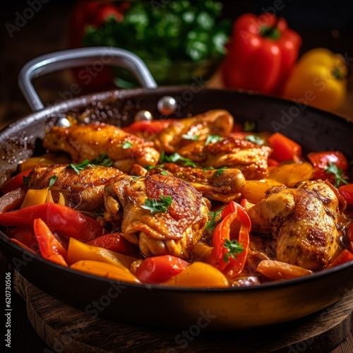 Poulet Basquaise with vibrant colors of bell peppers and tomatoes