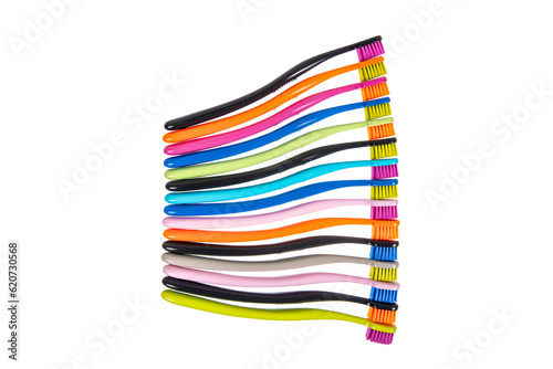 Top view of toothbrushes in colorful. Plastic Blank Toothbrush Icon Set Isolated on Transparent Background.Dentistry, Healthcare, Hygiene Concept. Tooth Brush in Front, Side, Top View.