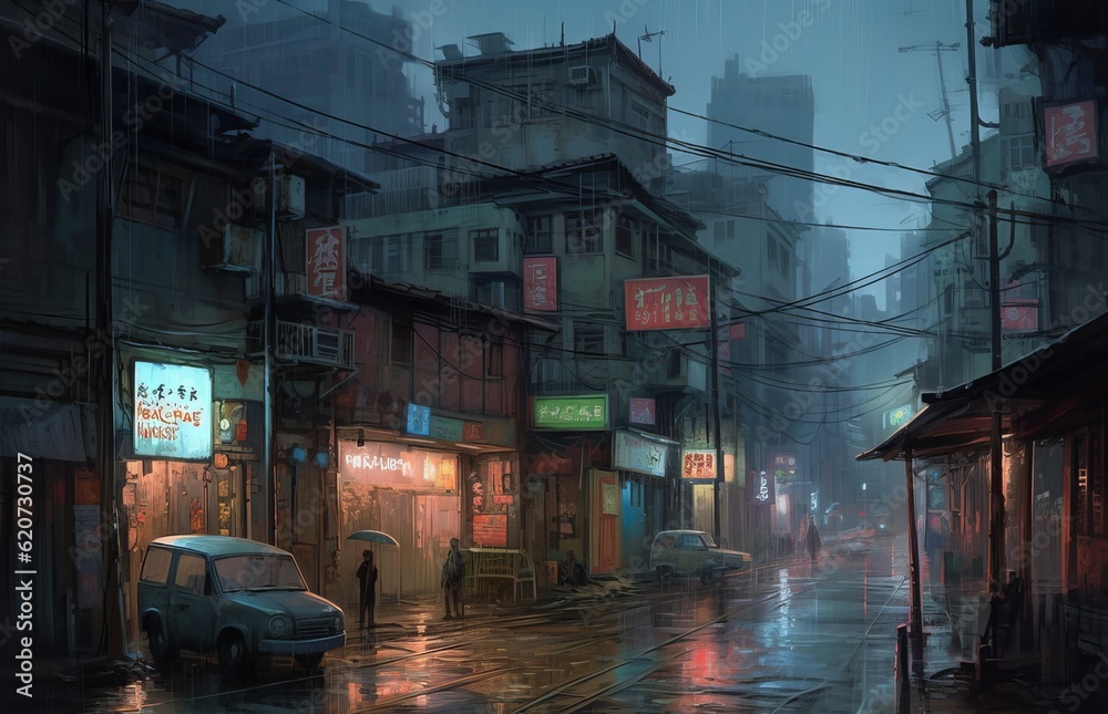 雨の繁華街,Generative AI AI画像