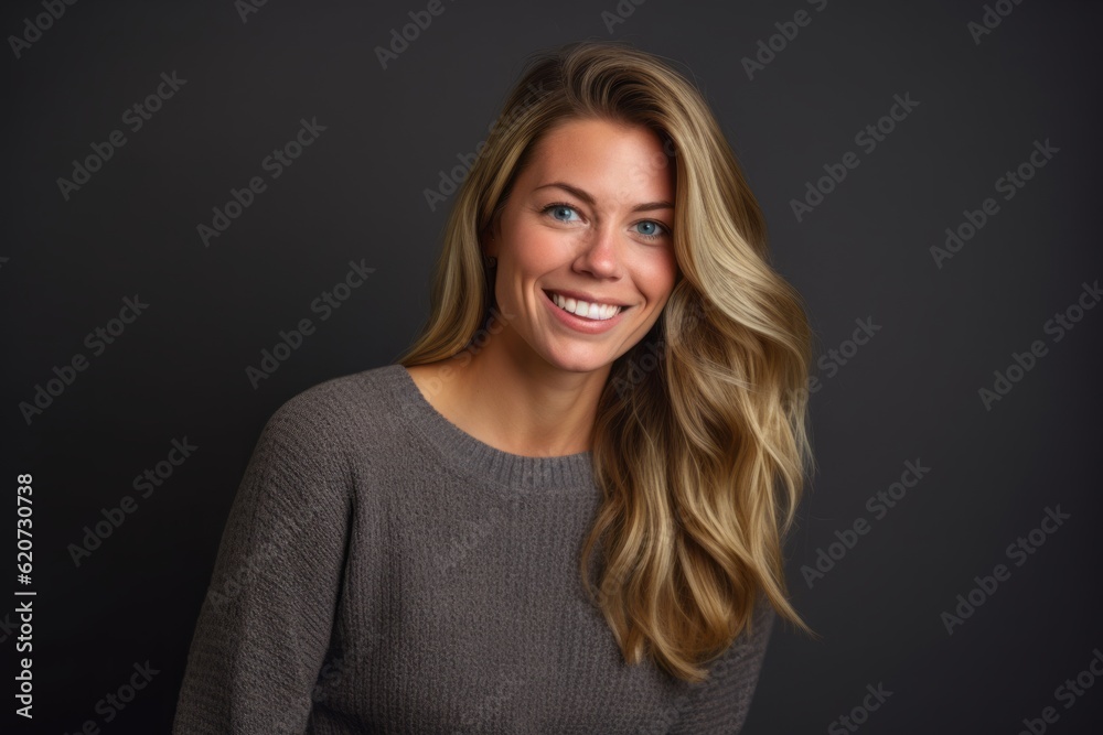 Portrait of a beautiful blond woman smiling at the camera on a dark background Portrait of a beautiful blond woman smiling at the camera on a dark background