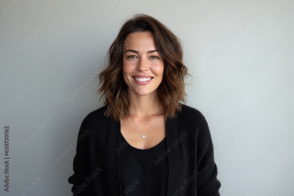 Portrait of a smiling young woman looking at camera against grey background Portrait of a smiling young woman looking at camera against grey background