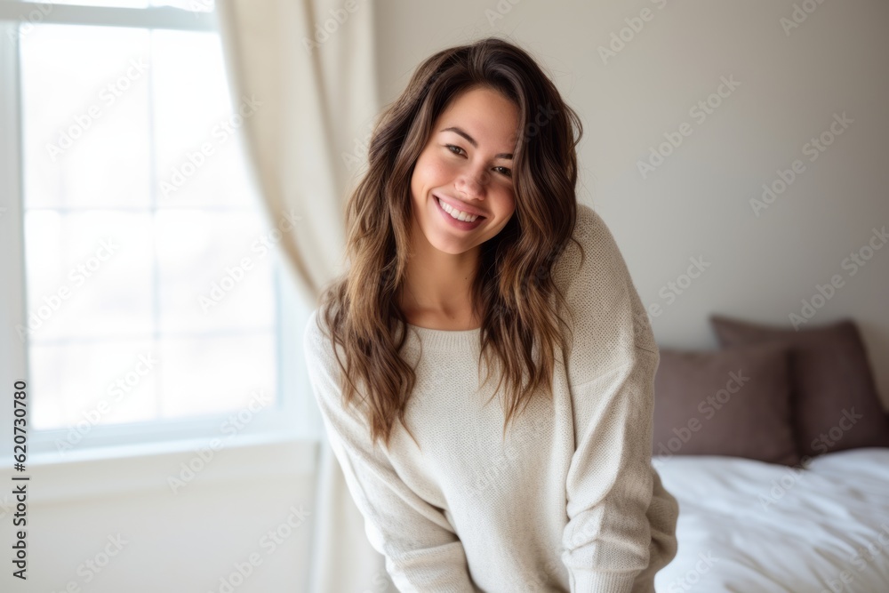 Portrait of beautiful young woman smiling at camera in bedroom at home Portrait of beautiful young woman smiling at camera in bedroom at home