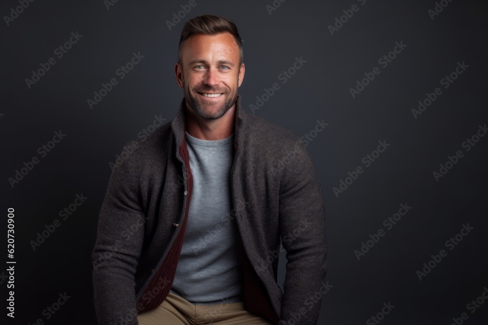 Portrait of a handsome man smiling at the camera while standing against black background Portrait of a handsome man smiling at the camera while standing against black background