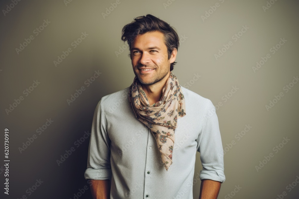 Obraz premium Portrait of a handsome man in a gray shirt and scarf.