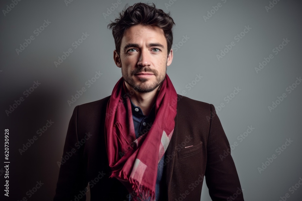 Fototapeta premium Portrait of a handsome young man wearing a jacket and scarf.