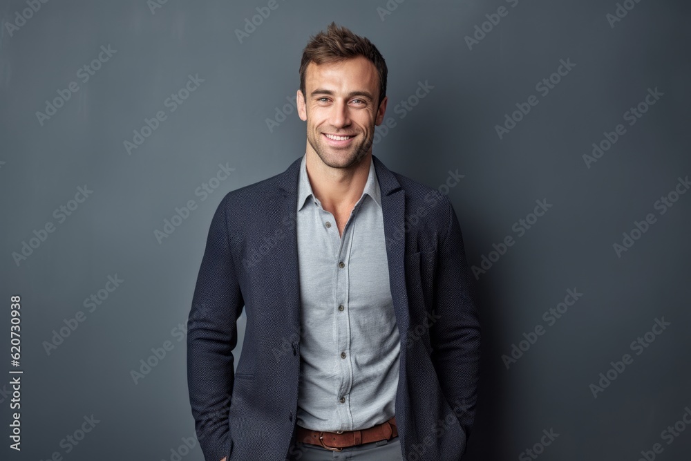 Portrait of a handsome young man standing against grey background, smiling Portrait of a handsome young man standing against grey background, smiling