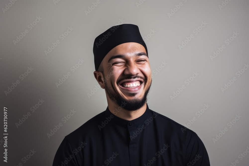 Portrait of a happy young muslim man smiling on grey background Portrait of a happy young muslim man smiling on grey background