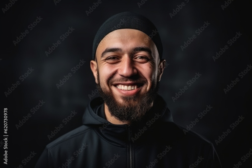 Portrait of a smiling bearded man in a black hoodie on a dark background Portrait of a smiling bearded man in a black hoodie on a dark background