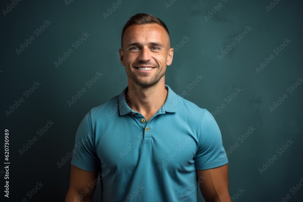 Handsome young man in blue polo shirt on grey background