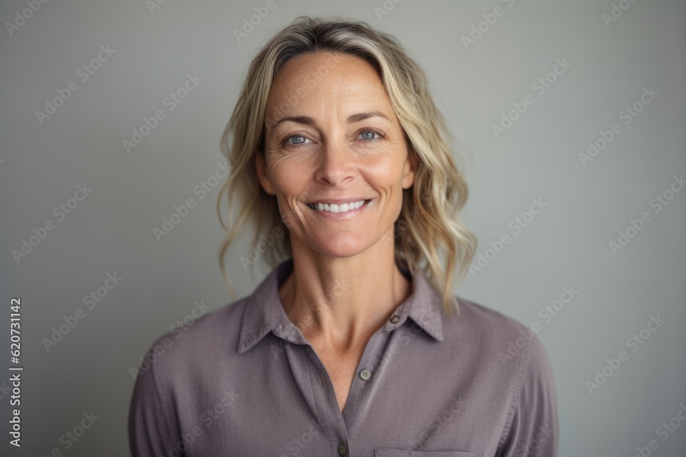 Portrait of smiling mature businesswoman standing against grey background in office Portrait of smiling mature businesswoman standing against grey background in office