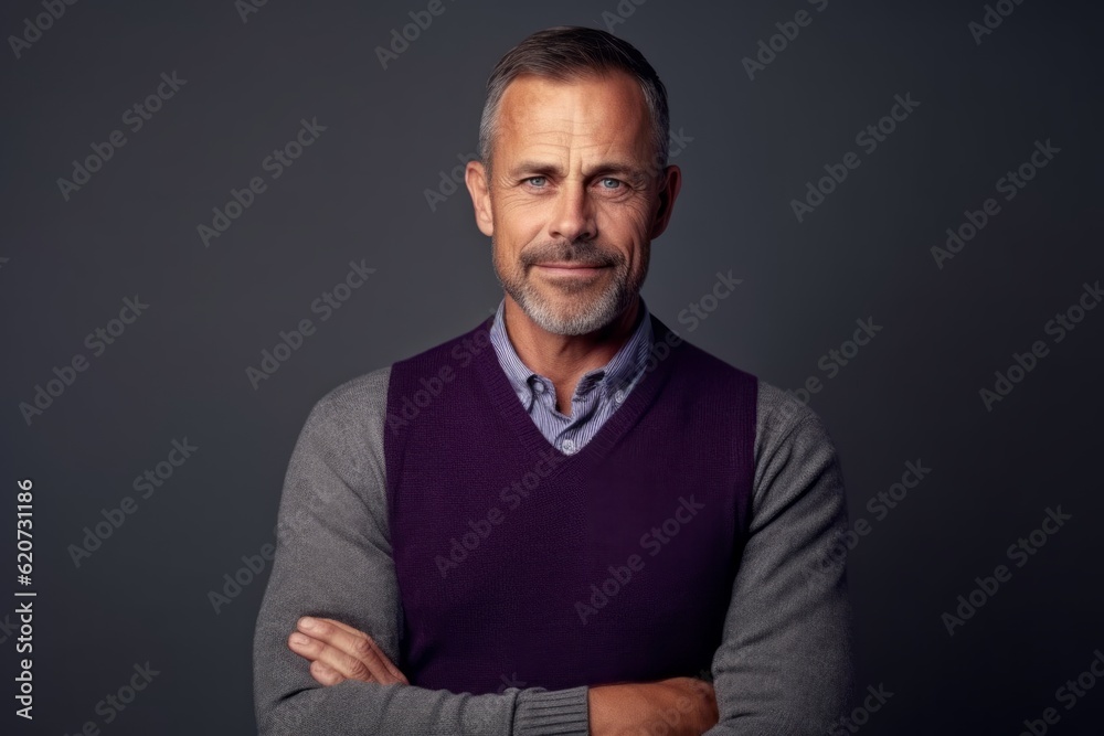 Confident mature man looking at camera and keeping arms crossed while standing against grey background