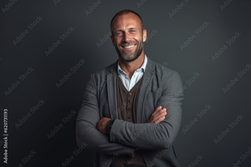 Portrait of a confident businessman standing with arms crossed against grey background Portrait of a confident businessman standing with arms crossed against grey background