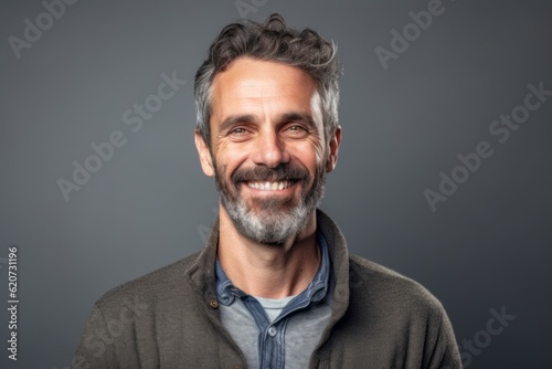 Portrait of a handsome middle-aged man smiling at the camera on a gray background