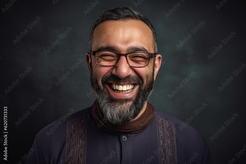 Portrait of a bearded Indian man wearing glasses and smiling at the camera. Portrait of a bearded Indian man wearing glasses and smiling at the camera.