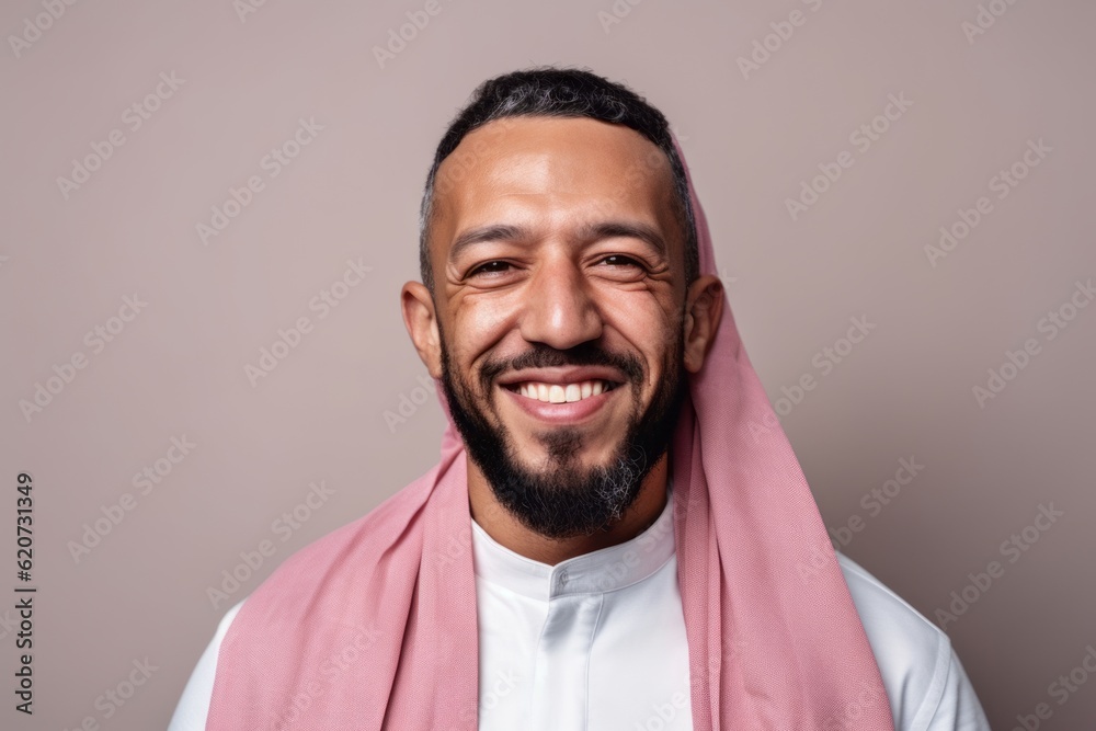 Portrait of a smiling arab man with a pink scarf. Portrait of a smiling arab man with a pink scarf.
