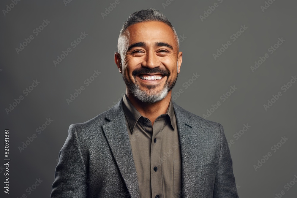 Portrait of a handsome middle-aged Indian man smiling at the camera while standing against grey background