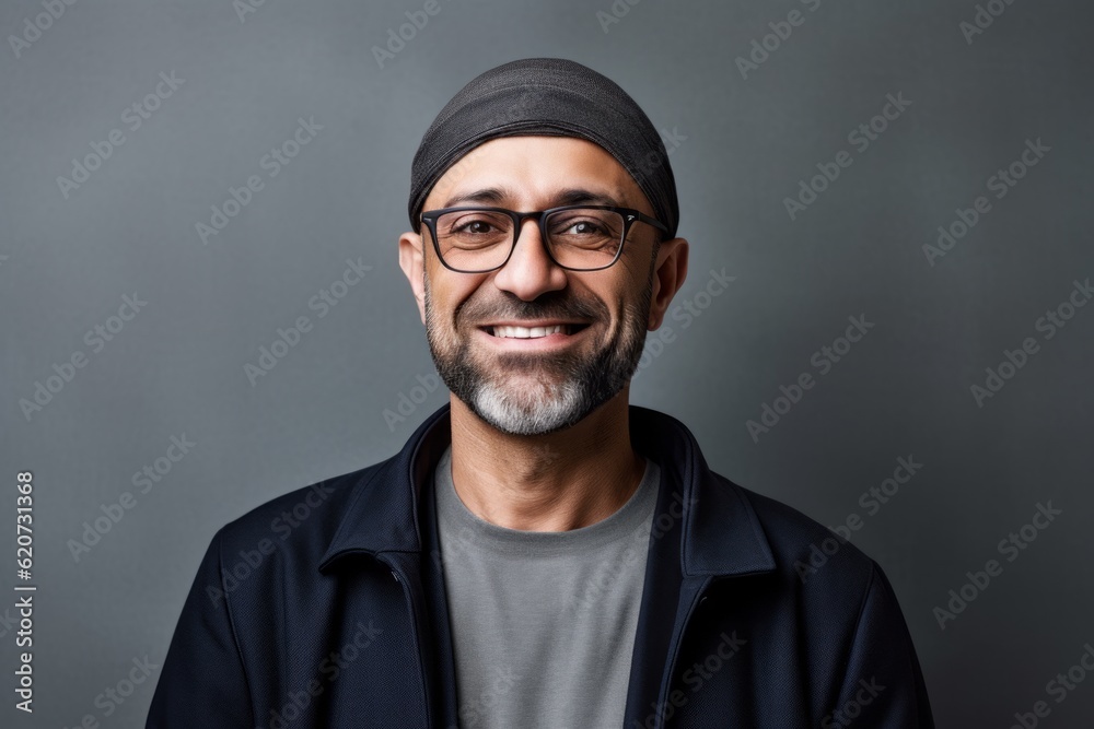 Portrait of a smiling hipster man in black jacket and eyeglasses