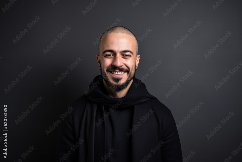 Portrait of a smiling bald man in a black hoodie on a black background