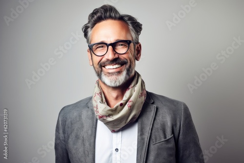 Portrait of a handsome mature man in eyeglasses smiling at camera while standing against grey background