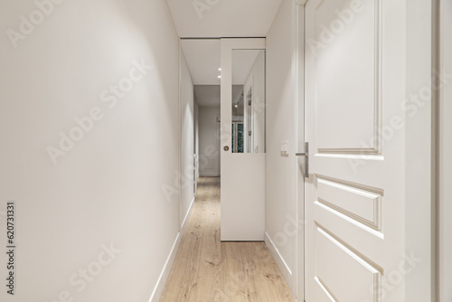 Corridor of a house with plain white painted walls, white lacquered doors with glass windows