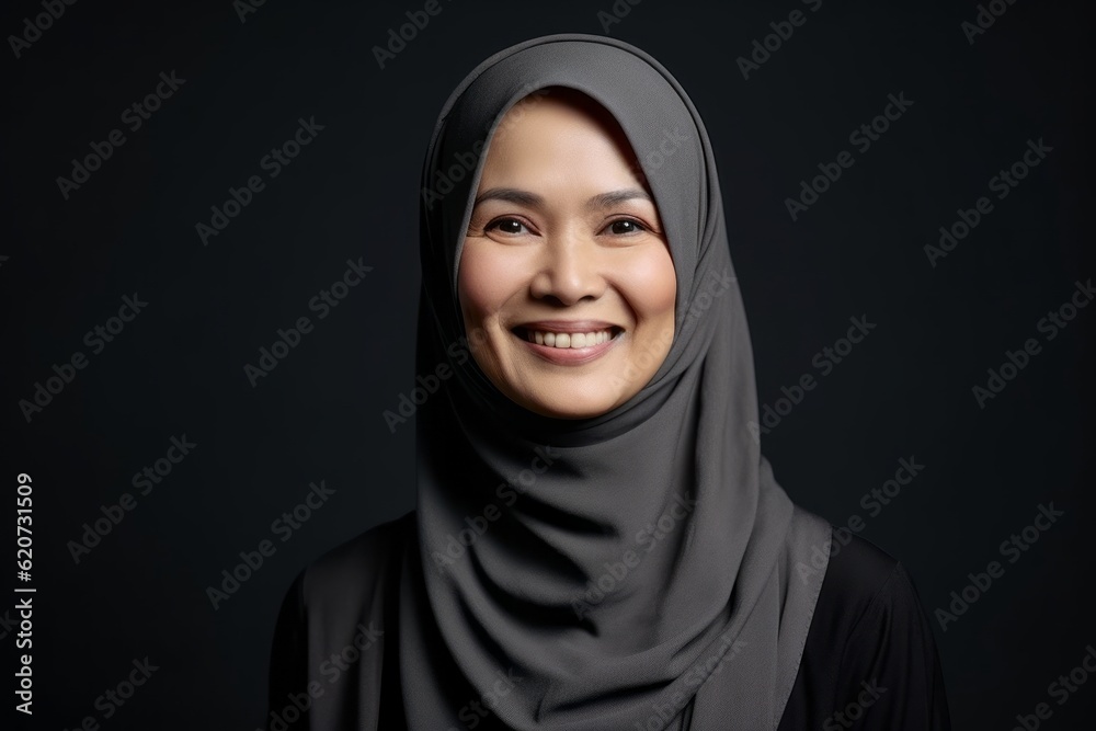 Portrait of muslim woman in hijab smiling at camera on black background Portrait of muslim woman in hijab smiling at camera on black background