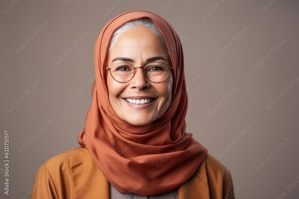 portrait of smiling middle aged muslim woman in eyeglasses