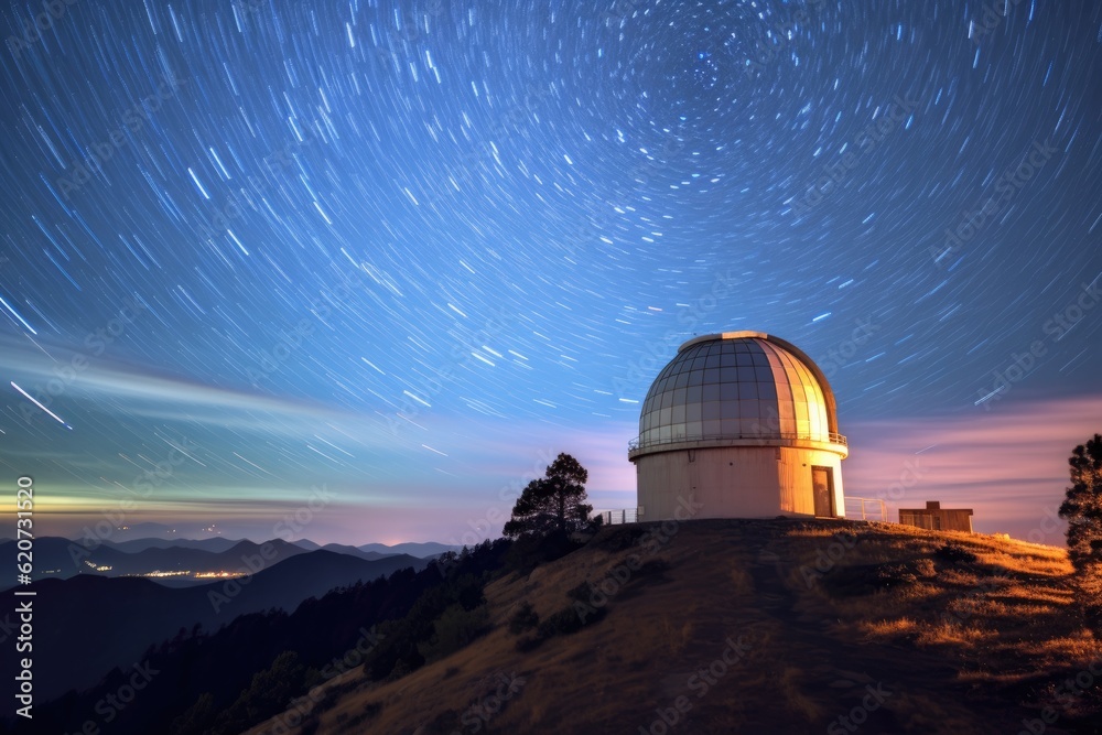 High in the mountains, an observatory dome stands against a starry night sky. Generative AI High in the mountains, an observatory dome stands against a starry night sky. Generative AI