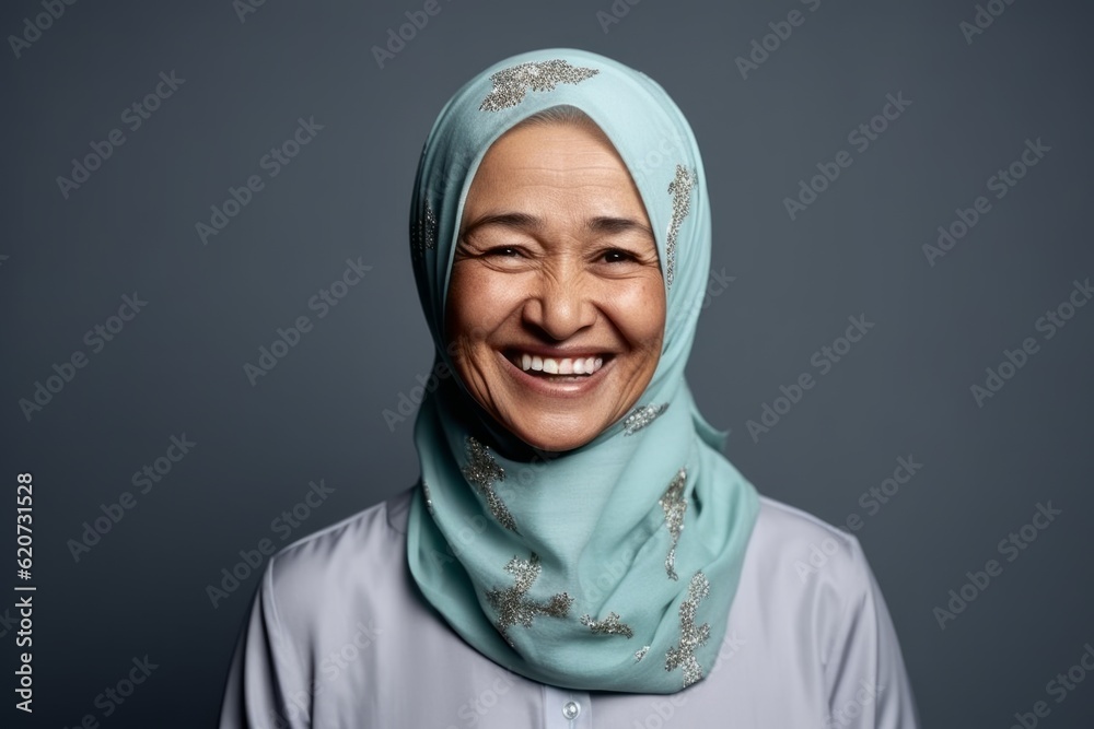 Portrait of a smiling muslim woman wearing hijab isolated over grey background