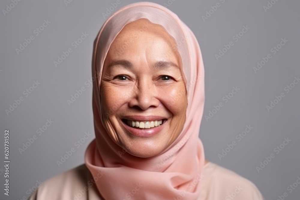 Portrait of happy Asian muslim woman smiling at camera, isolated on grey background Portrait of happy Asian muslim woman smiling at camera, isolated on grey background
