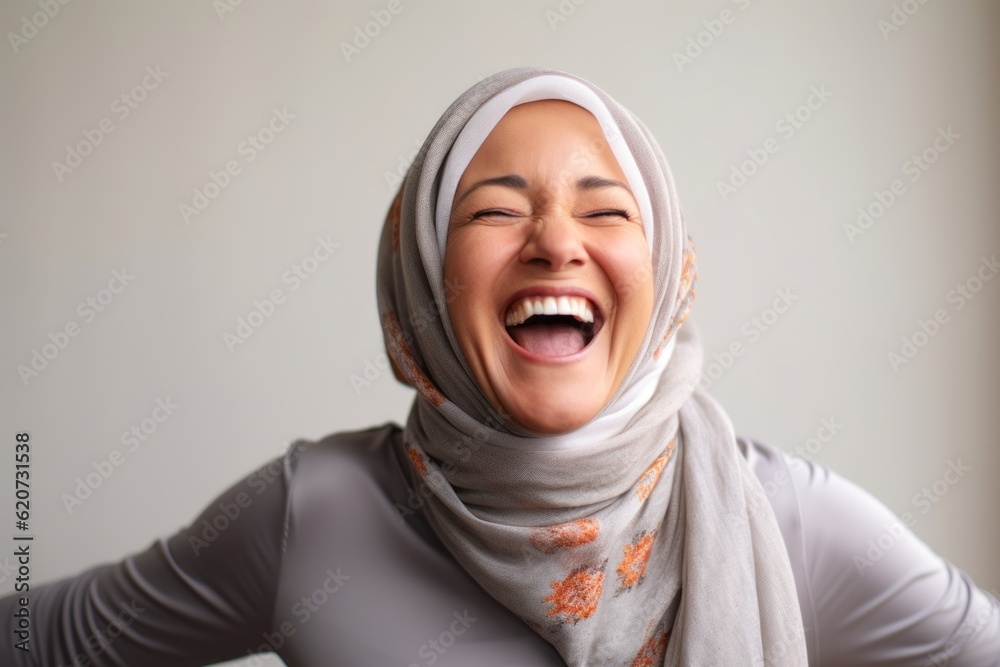 Portrait of a happy young muslim woman laughing with closed eyes Portrait of a happy young muslim woman laughing with closed eyes